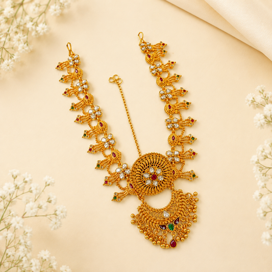 Johnsons Traditional Rajasthani Golden Kundan Rakhdi Set with Multicolor Meena Work for Womens
