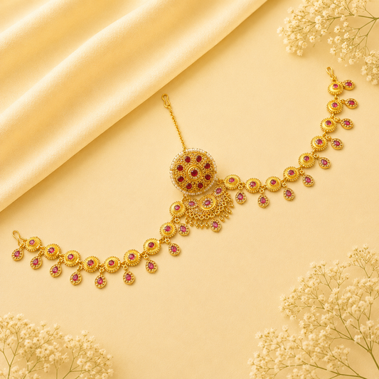 Johnsons Traditional Rajasthani Golden Kundan and AD Rakhdi Set (Mathapatta) with Meena Work for Womens