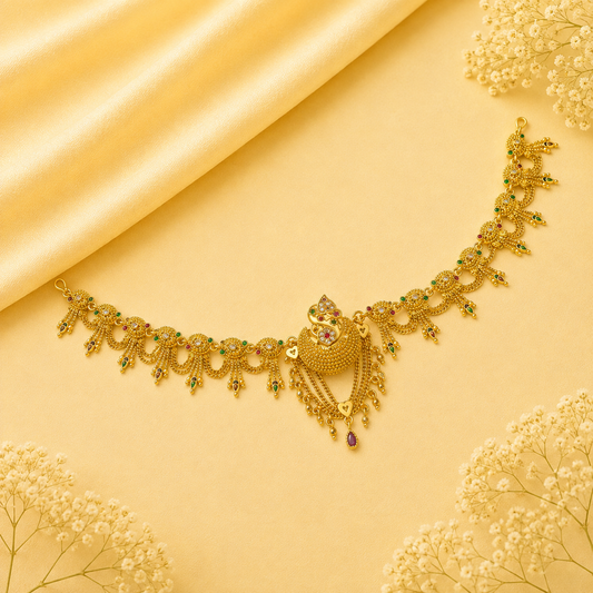 Johnsons Traditional Rajasthani Golden AD Rakhdi Borla Set with Multicolor Meena Work for Womens
