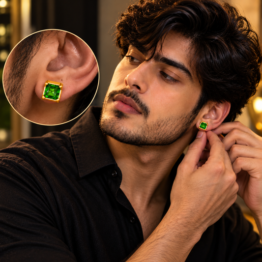 Johnsons 3% Gold Men’s Single Stone Lung Jodi Premium Traditional Green Stone Earing For Men (Medium)