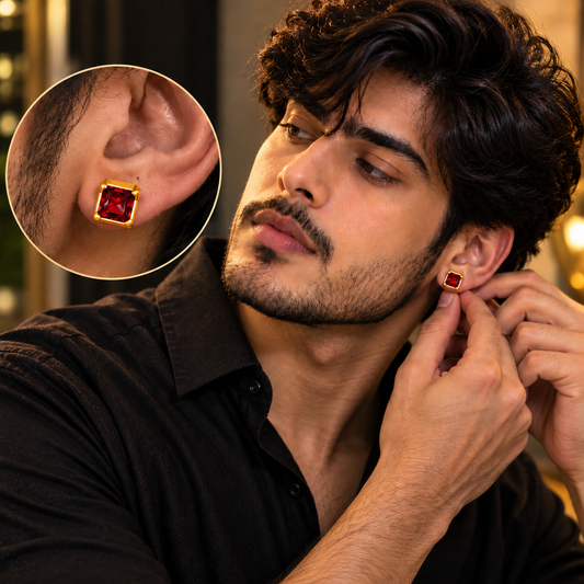 Johnsons 3% Gold Men’s Single Stone Lung Jodi Premium Traditional Red Stone Earing For Men (Big)