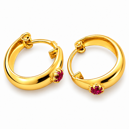 Johnsons 3% Gold Men Murkiya With Red Stone Traditional Hoop Earrings