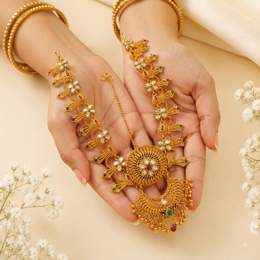 Johnsons Traditional Rajasthani Golden Kundan Rakhdi Set with Multicolor Meena Work for Womens