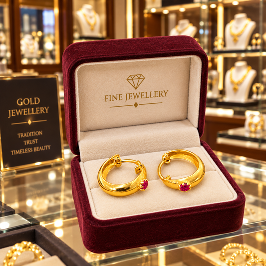 Johnsons 3% Gold Men Murkiya With Red Stone Traditional Hoop Earrings